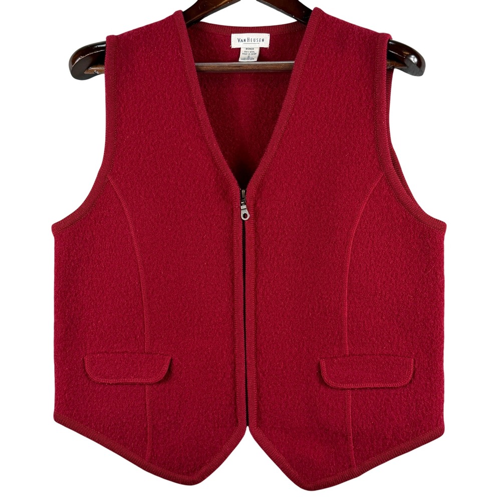 Vintage Van Heusen Womens S Dark Red 100% Wool Full Zip Sweater Vest V Neck 90s